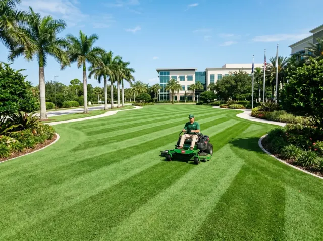 A wide, freshly striped lawn along a palm-lined drive in front of an office building